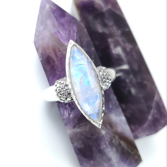 Jewelry - Sterling Silver Rainbow Moonstone Faceted Marquise Ring Size 10